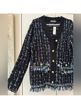 NWT Size S (P2P 22") - By Anthropologie Tweed Fringe Cardigan (Chanel Vibe)